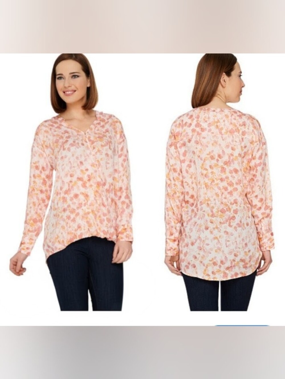 Women's Pink Floral Long-Sleeve V-Neck Tunic Top